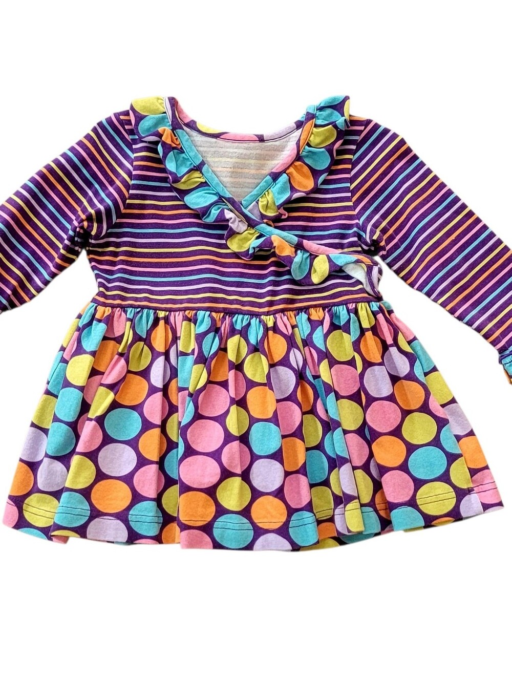 Kelly's Kids Girls Striped Polka Dot Ruffle Tunic Dress Purple Multi Size 3/4
